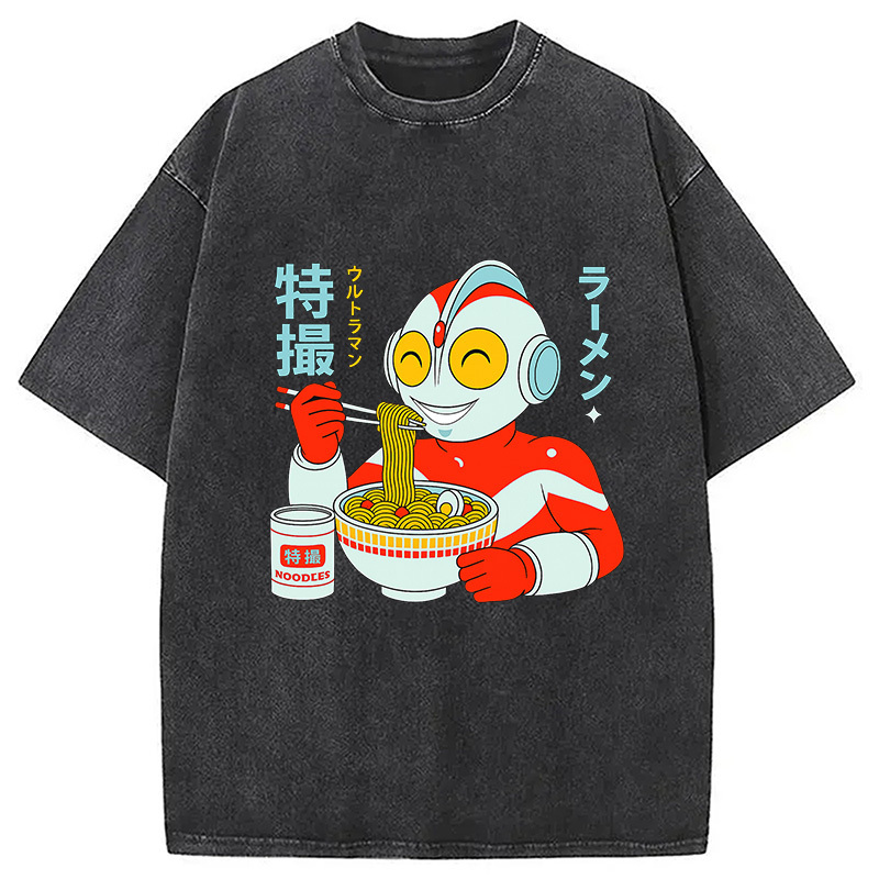 Ultraramen Eating Ramen Washed T-Shirt Retro Humor Graphic Top Gifts For Friends Ultraramen Eating Ramen Washed T-Shirt Retro Humor Graphic Top Gifts For Friends