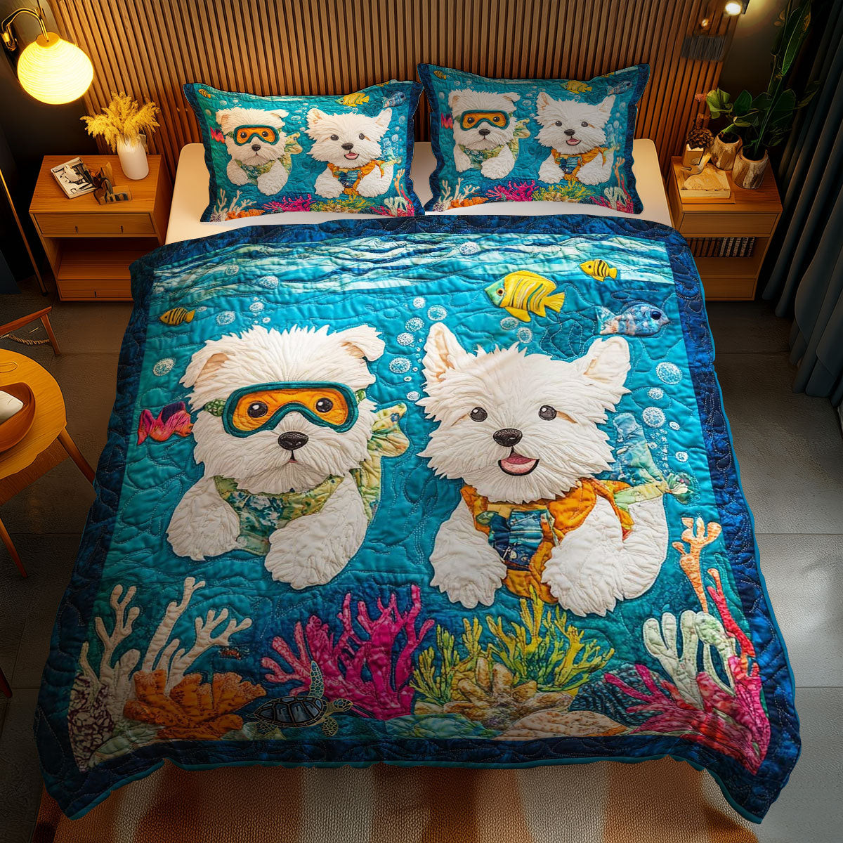 Underwater Westie World Holiday Xmas Quilted Bedding Set Christmas Gifts For Grandma