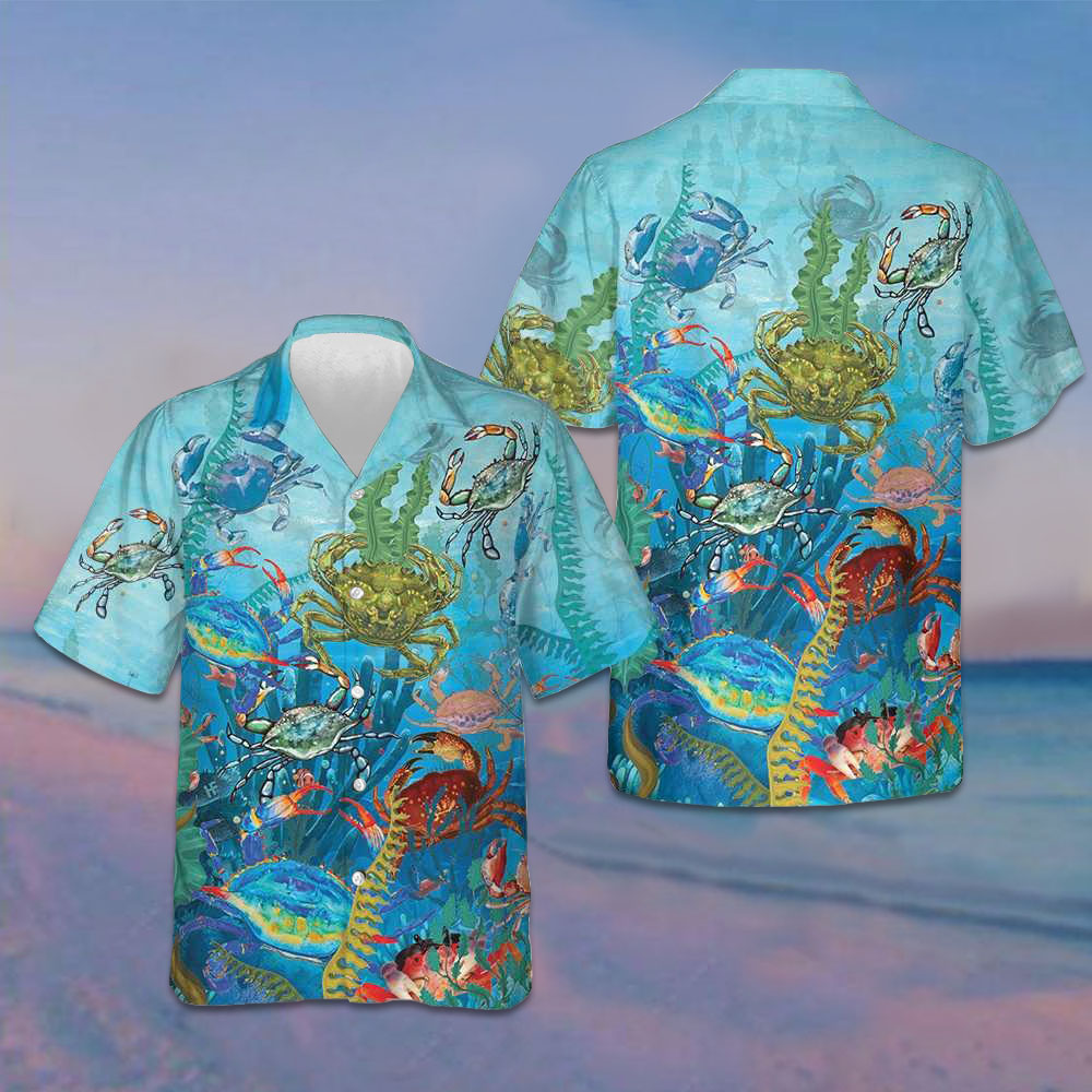 Underwater World Crab Hawaiian Shirt Crab Lovers Button Up Beach Shirts Men