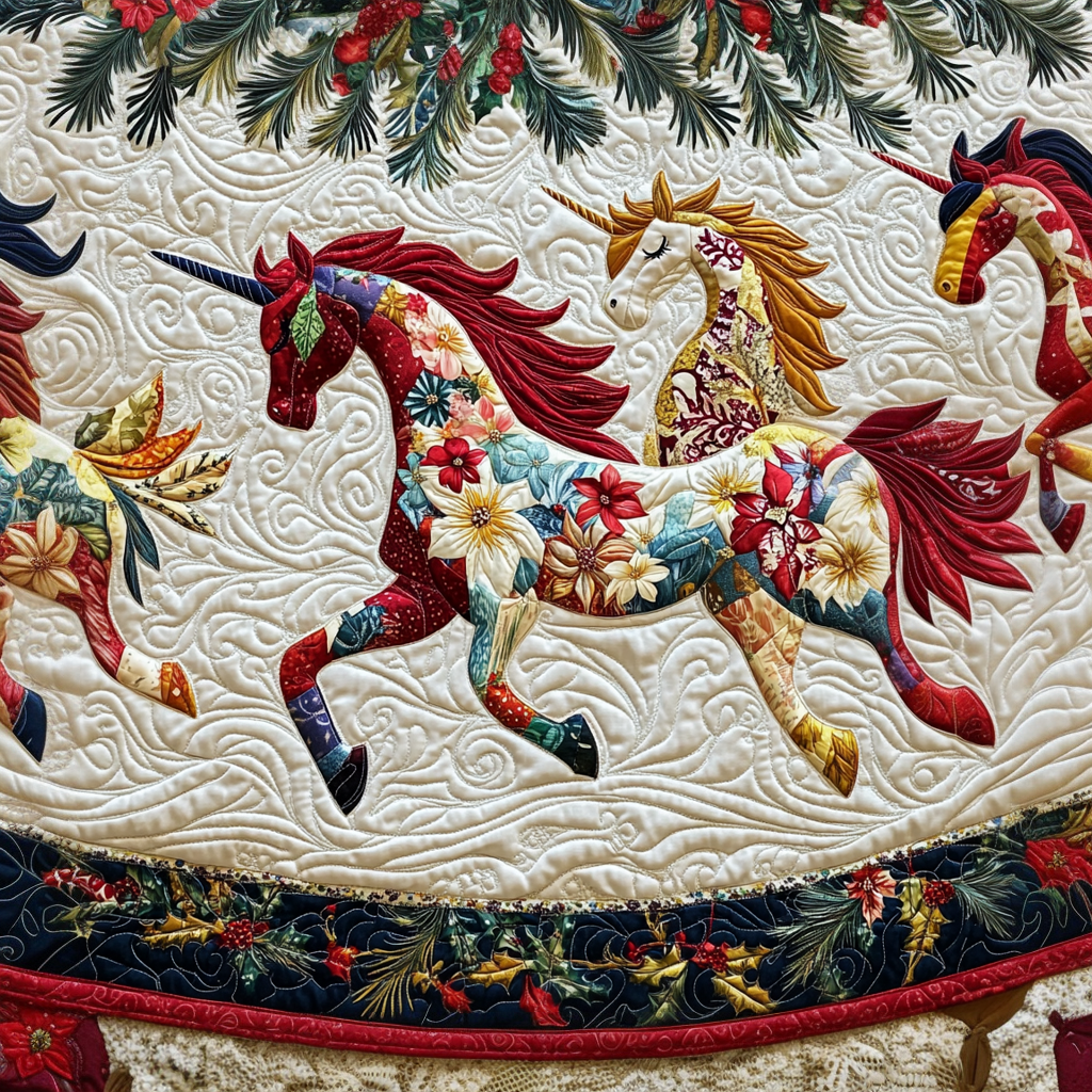 Unicorn Garden Glow Christmas Quilted Tree Skirt Festive Christmas Tree Skirt for Holiday Decor