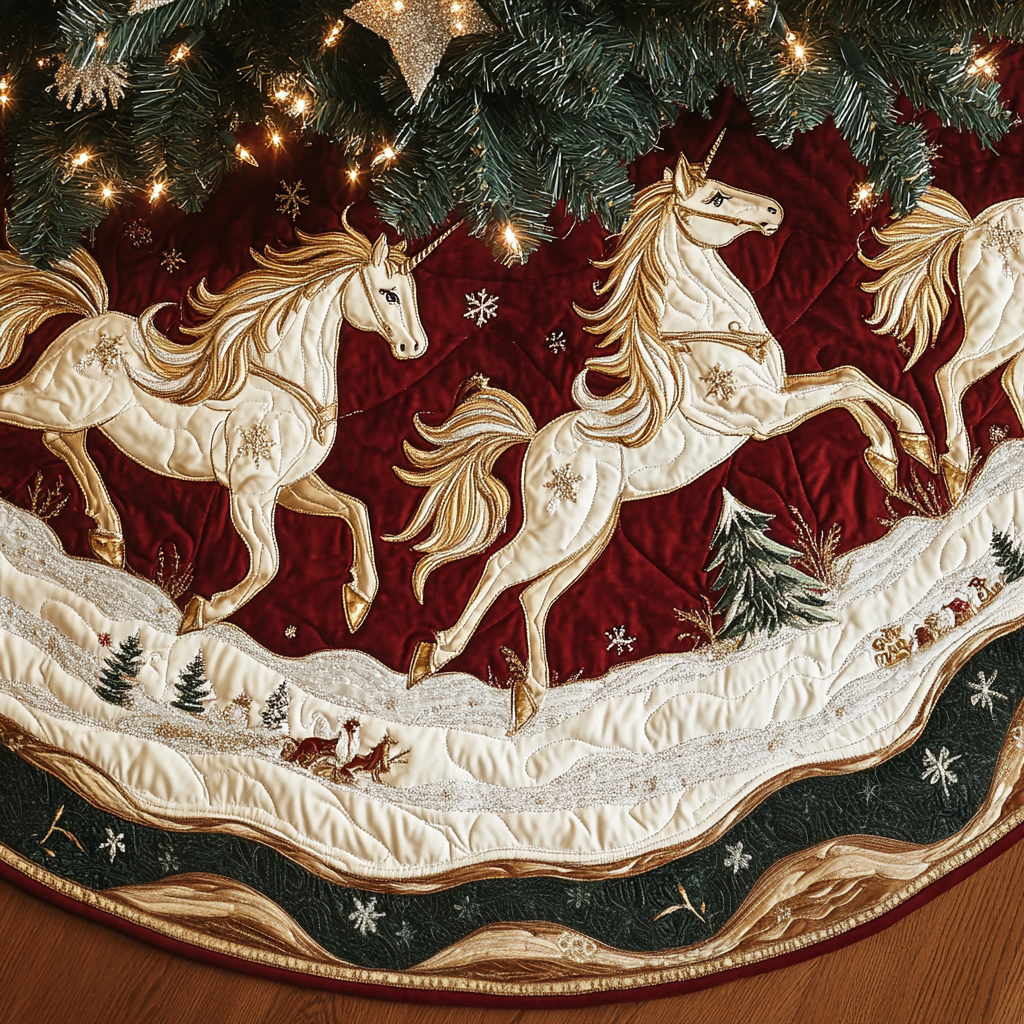 Unicorns In Snow Christmas Quilted Tree Skirt Thoughtful Christmas Tree Skirt Gift Idea