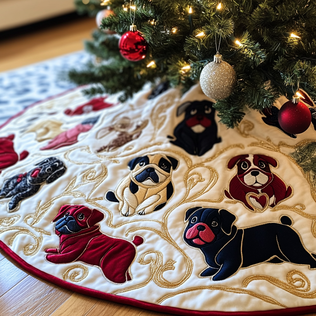 Unique Bulldog Christmas Tree Skirt Vibrant Quilted Dog Pattern Holiday Decor Gift