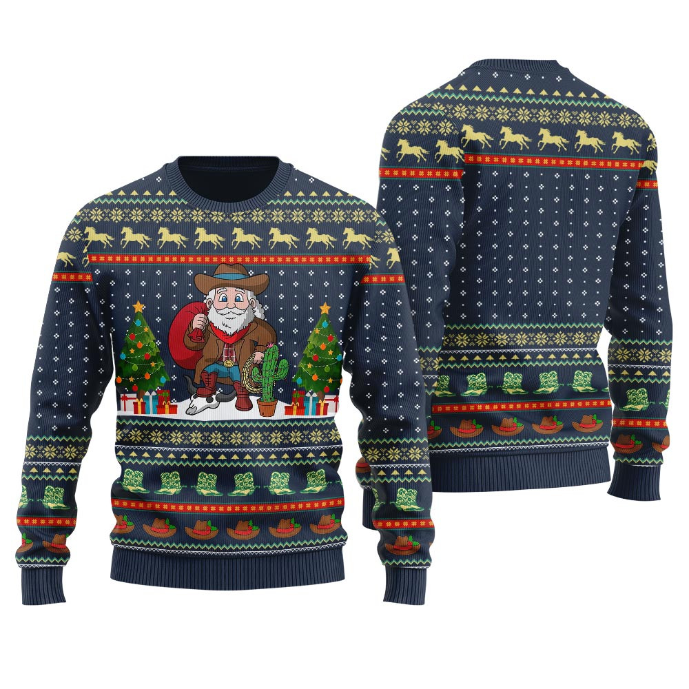Unique Cowboy Santa Claus Ugly Christmas Sweater Navy Special Merch Gift Idea for Festive Celebrations
