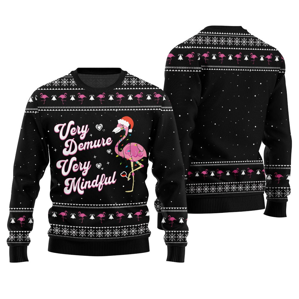 Unique Demure Mindful Flamingo Ugly Christmas Sweater Black Casual Winter Sweatshirt for Daily Comfort