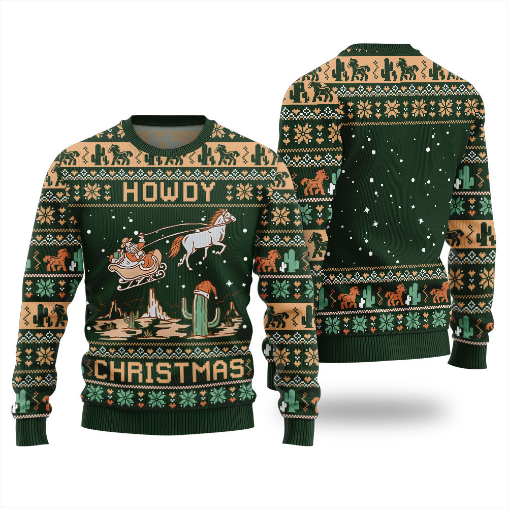 Unique Howdy Christmas Santa Claus Funny Ugly Sweater Green Merry Christmas Sweatshirt for Holiday Fun