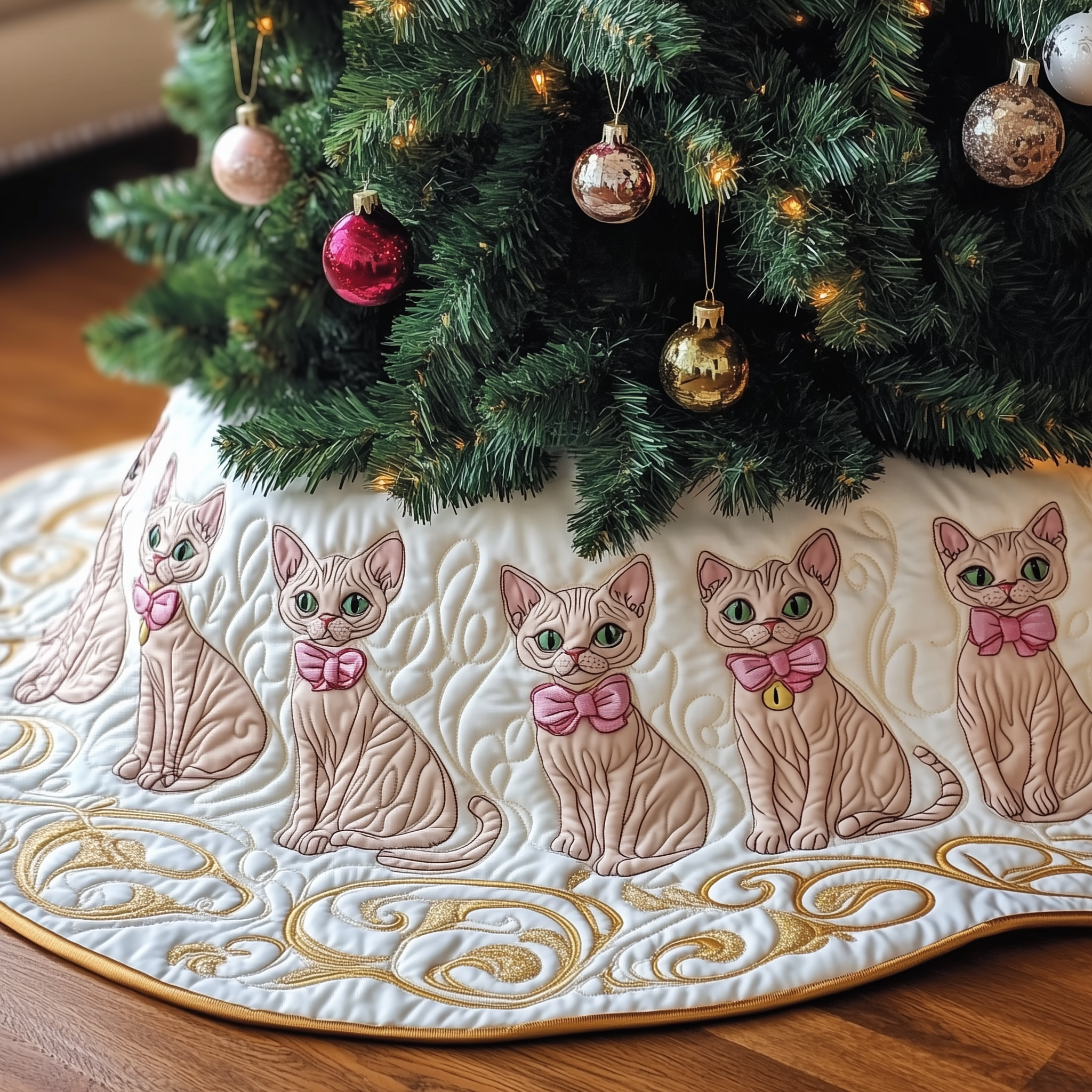 Unique Sphynx Cat Christmas Tree Skirt Quilted Handmade Holiday Decoration Gift for Cozy Homes