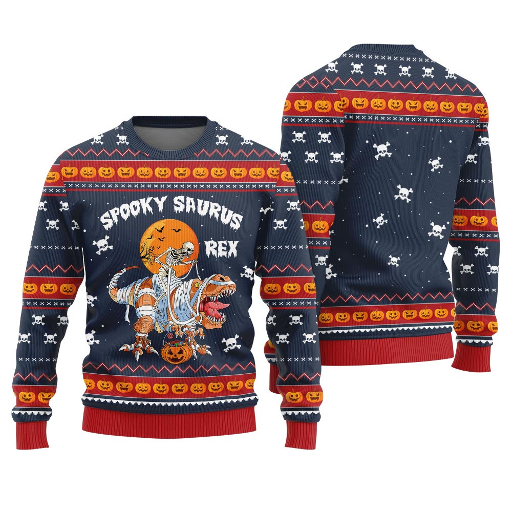 Unique Spooky Saurus Rex Halloween Sweater Navy Unique Holiday Merch Gift for Home and Family