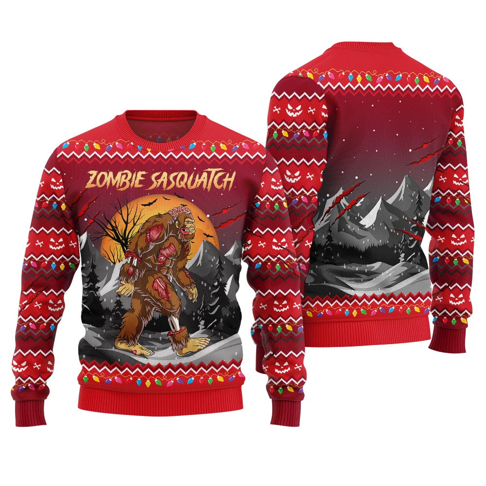 Unique Zombie Sasquatch Halloween Ugly Sweater Red Best Christmas Merch Gift for Family and Friends