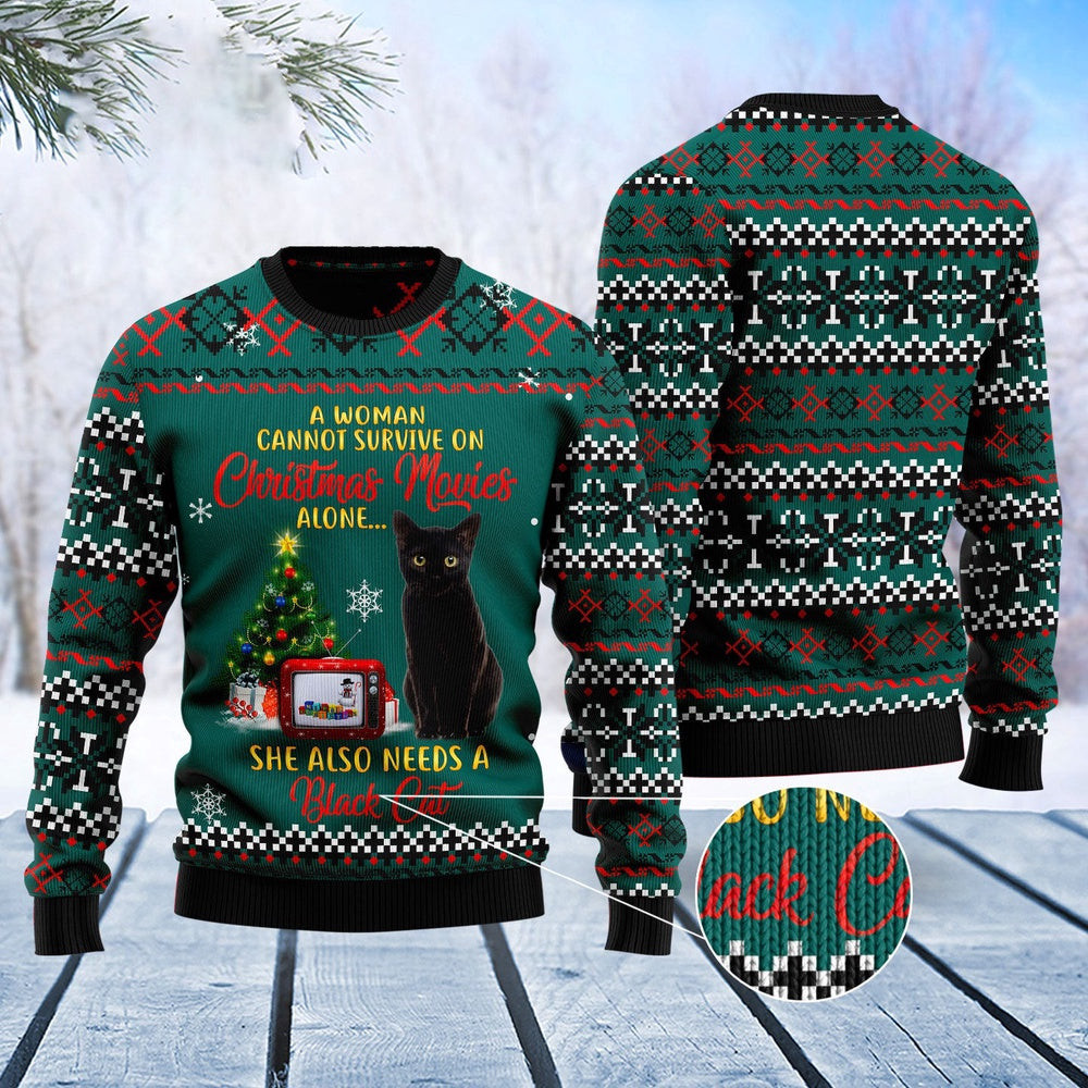 Unisex Ugly Christmas Sweatshirt Black Cat Christmas Movie Ugly Christmas Sweater Pet Lovers