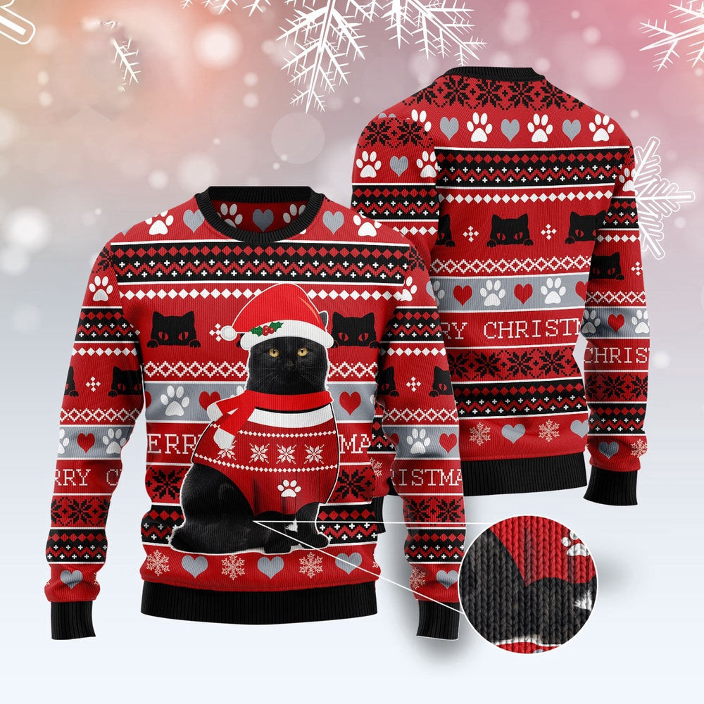 Unisex Ugly Christmas Sweatshirt Black Cat Christmas Pattern Ugly Christmas Sweater Pet Lovers