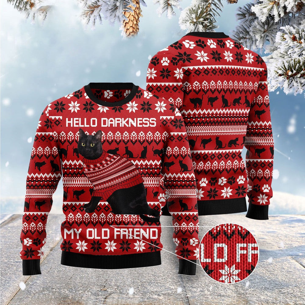 Unisex Ugly Christmas Sweatshirt Black Cat Hello Darkness My Old Friend Ugly Christmas Sweater Pet Lovers