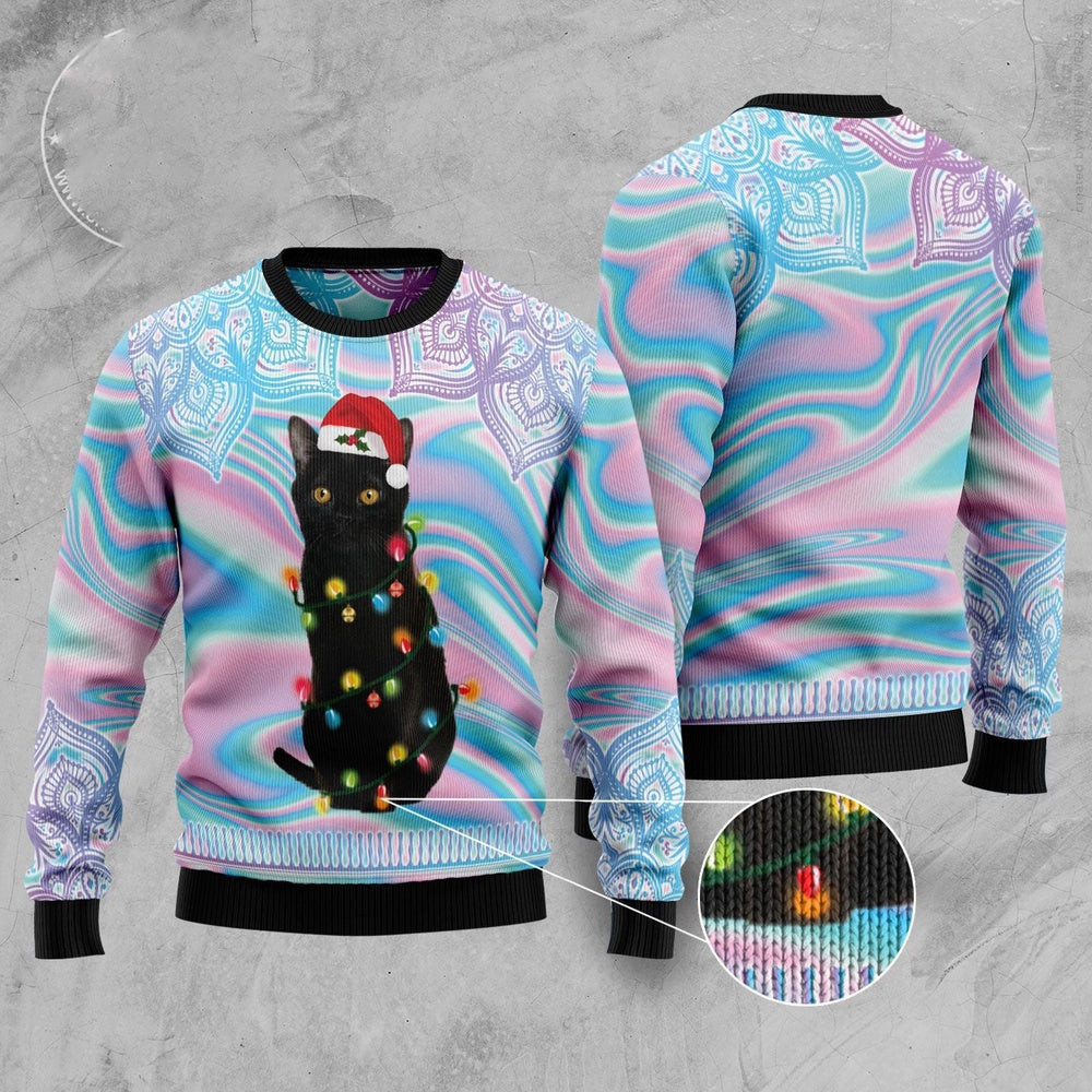 Unisex Ugly Christmas Sweatshirt Black Cat Hologram Pattern Ugly Christmas Sweater Pet Lovers