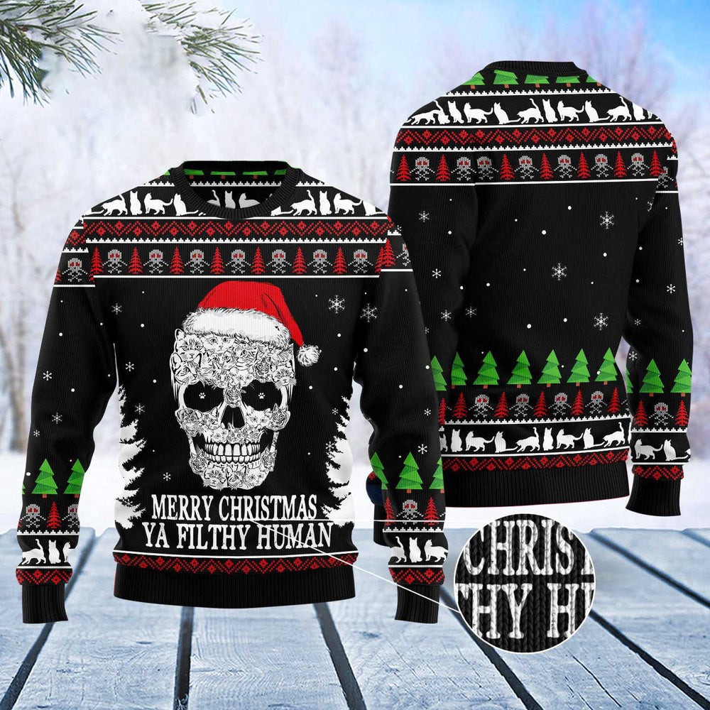 Unisex Ugly Christmas Sweatshirt Cat Skull Santa Ugly Christmas Sweater Pet Lovers