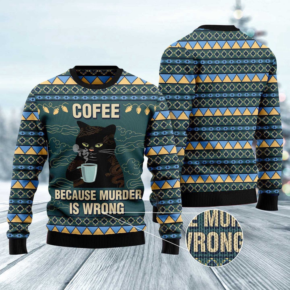 Unisex Ugly Christmas Sweatshirt Coffee Cat Ugly Christmas Sweater Pet Lovers