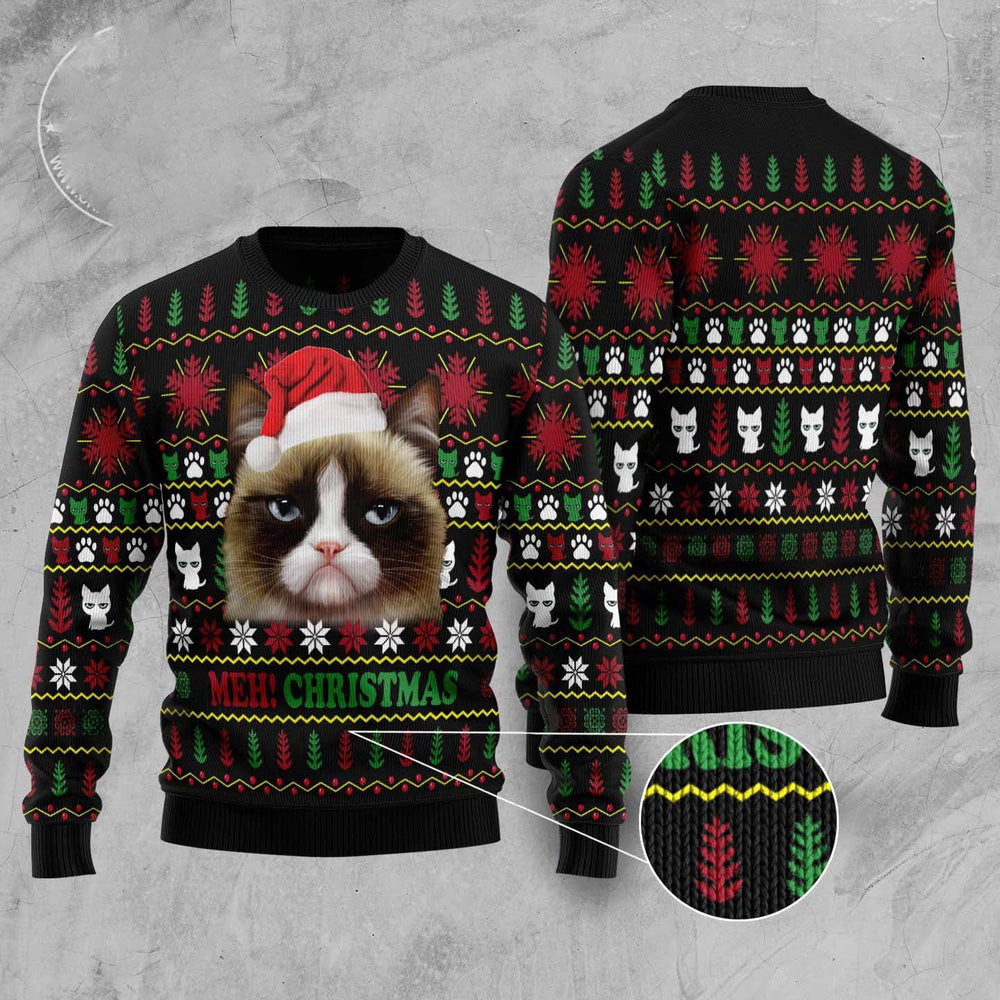 Unisex Ugly Christmas Sweatshirt Grumpy Cat Meh Ugly Christmas Sweater Pet Lovers