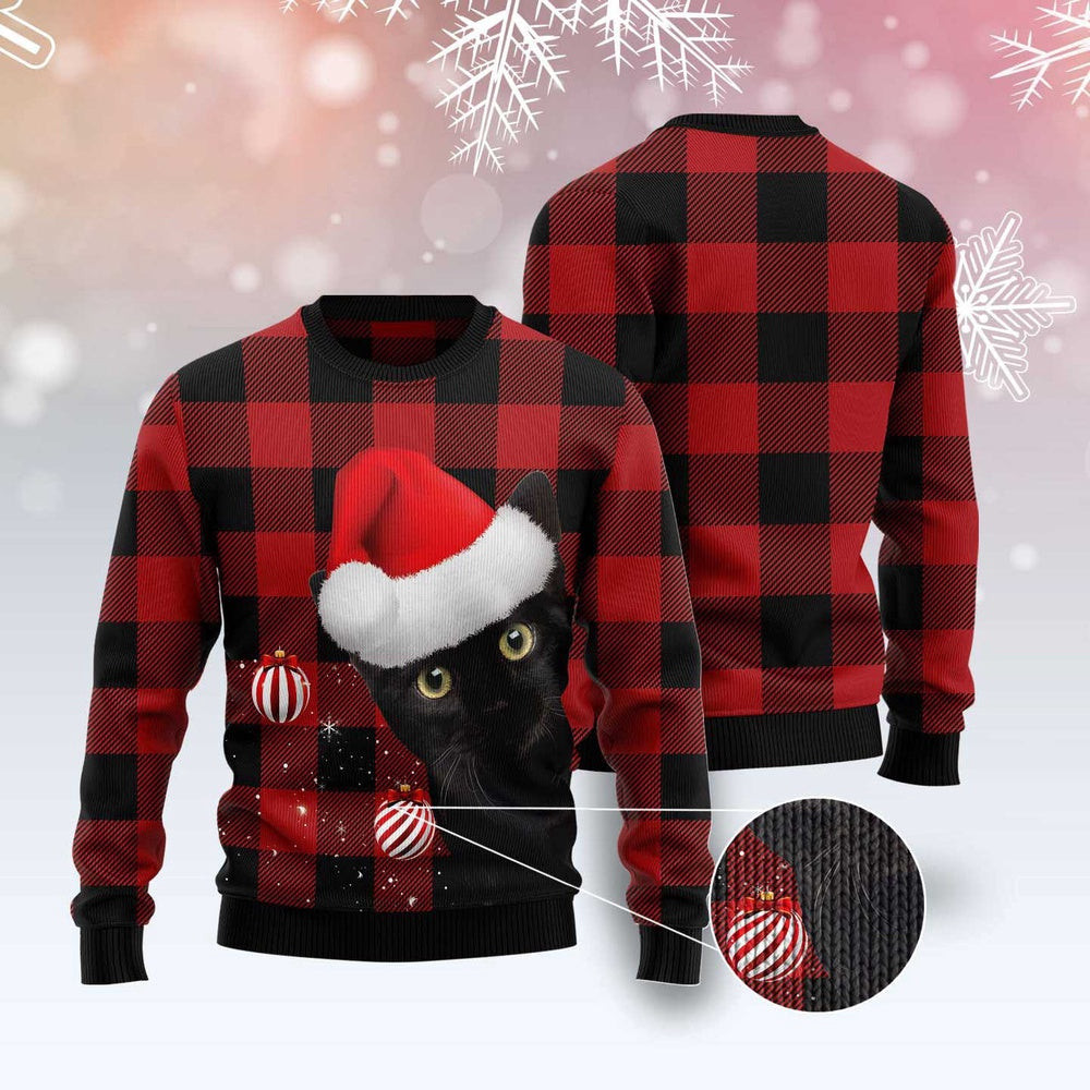 Unisex Ugly Christmas Sweatshirt Plaid Design Black Cat Christmas Sweater For Pet Lovers