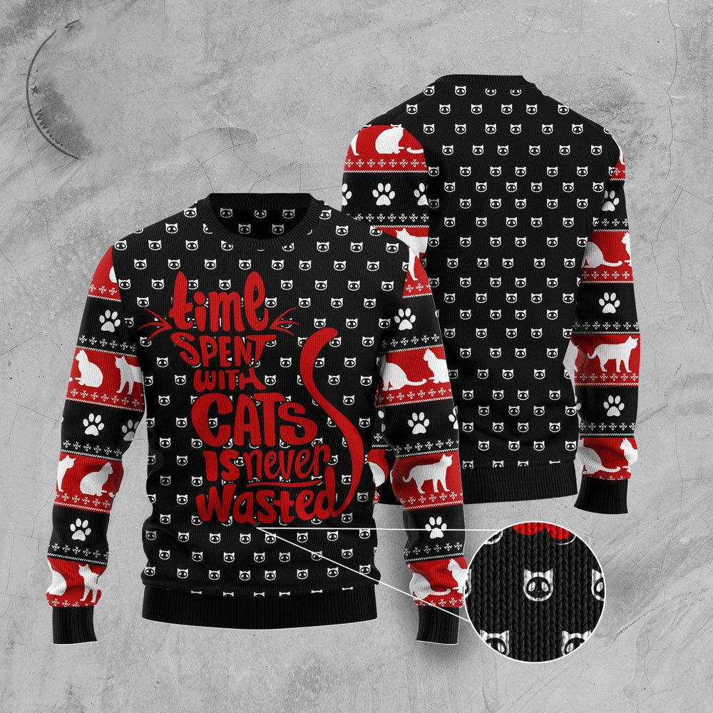 Unisex Ugly Christmas Sweatshirt Time Spent With Cats Christmas Ugly Sweater For Pet Lovers