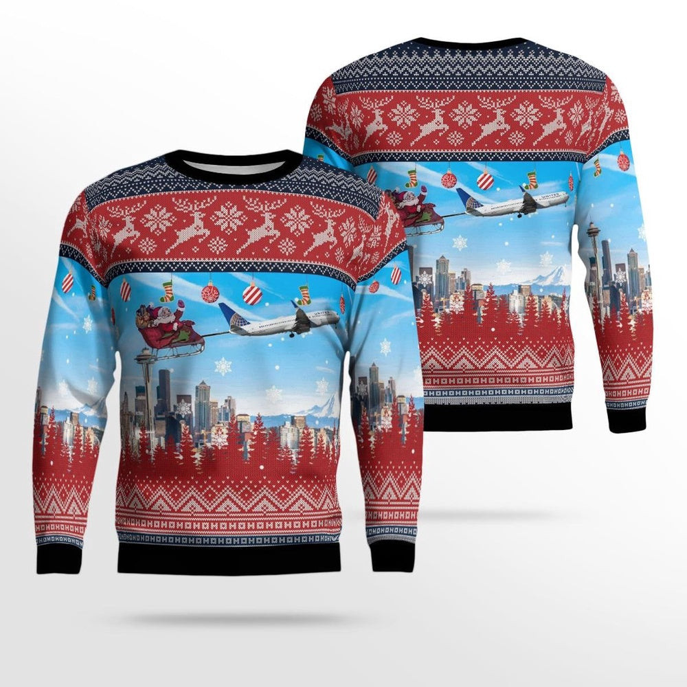 United Airlines Boeing 77-8 Santa Over Seattle Christmas AOP Ugly Sweater Gift For Christmas