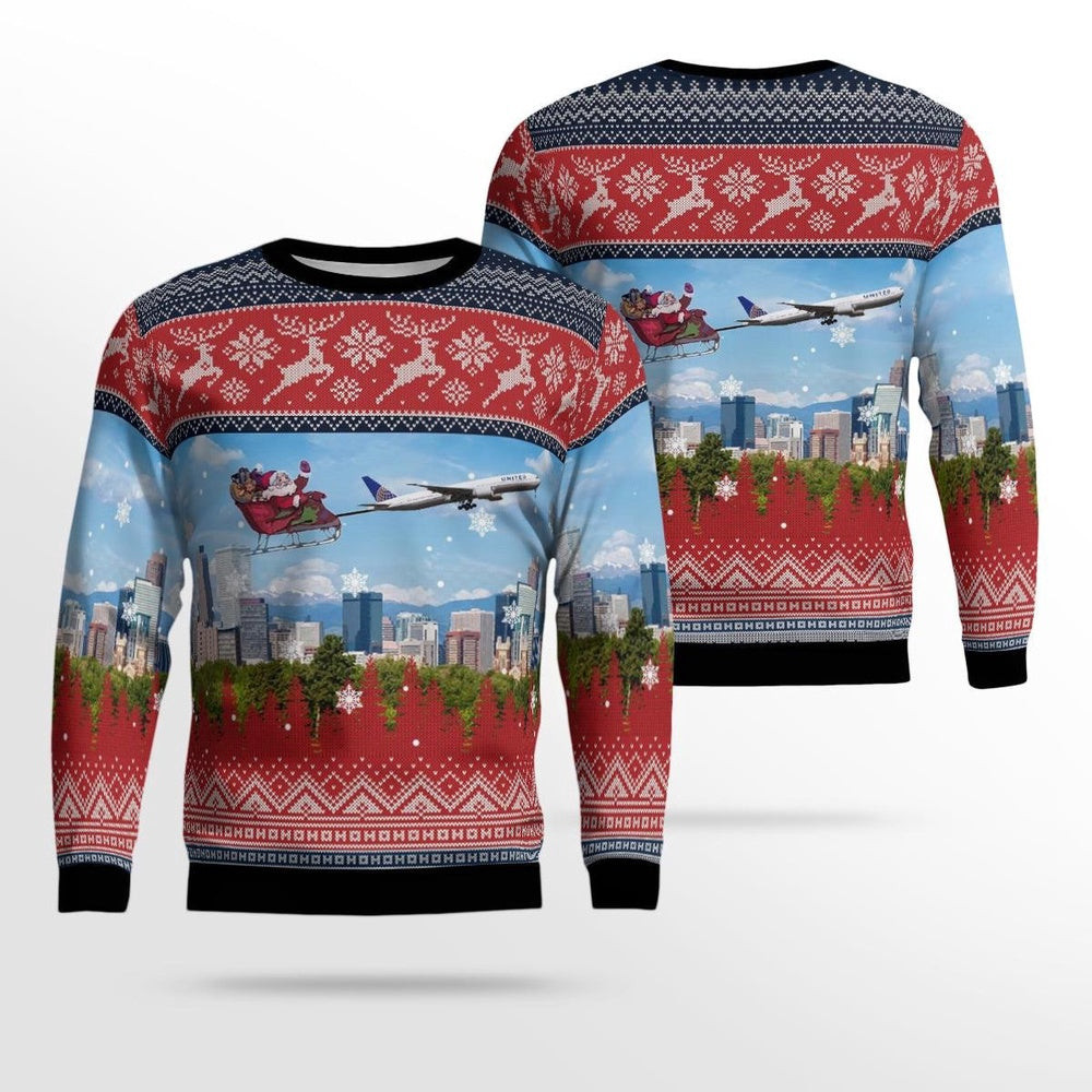 United Airlines Boeing 777-ER Santa Over Denver Christmas AOP Ugly Sweater Gift For Christmas