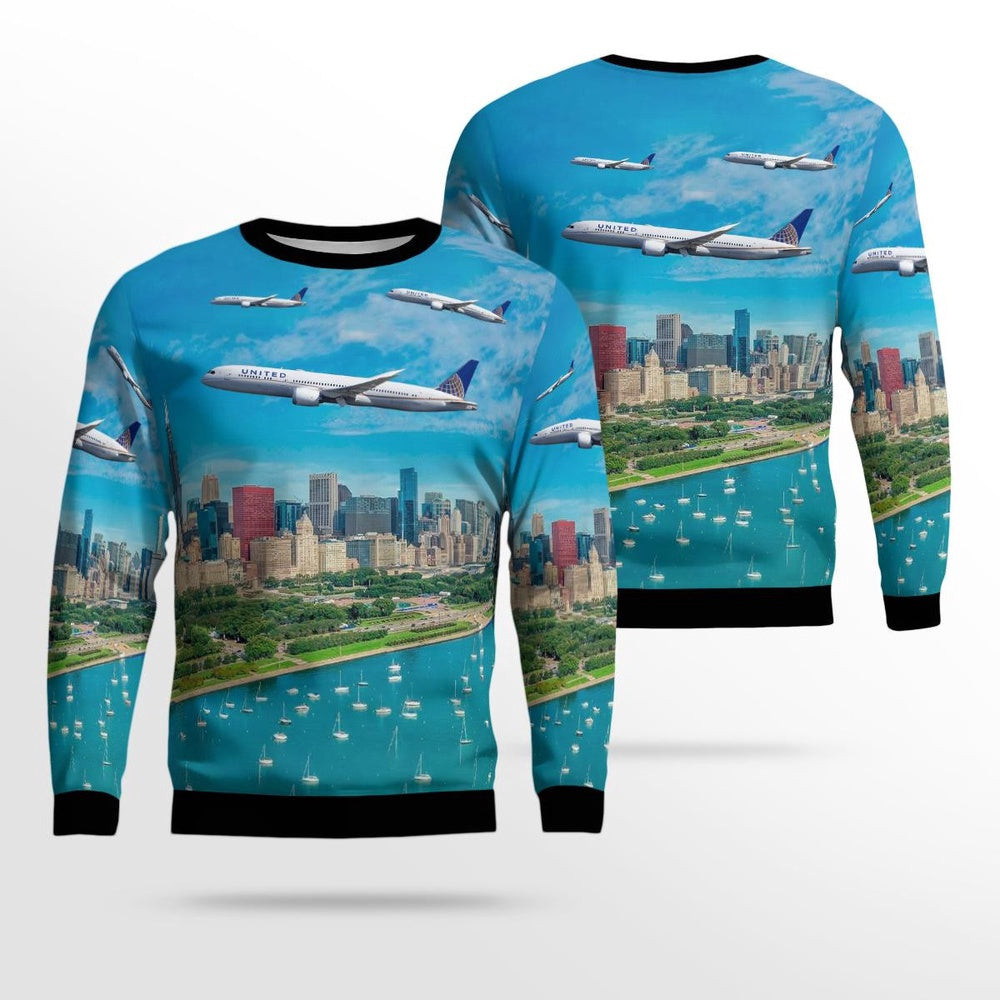 United Airlines Boeing 787-9 Dreamliner Merry Christmas Over Chicago Christmas Ugly Sweater Gift For Christmas
