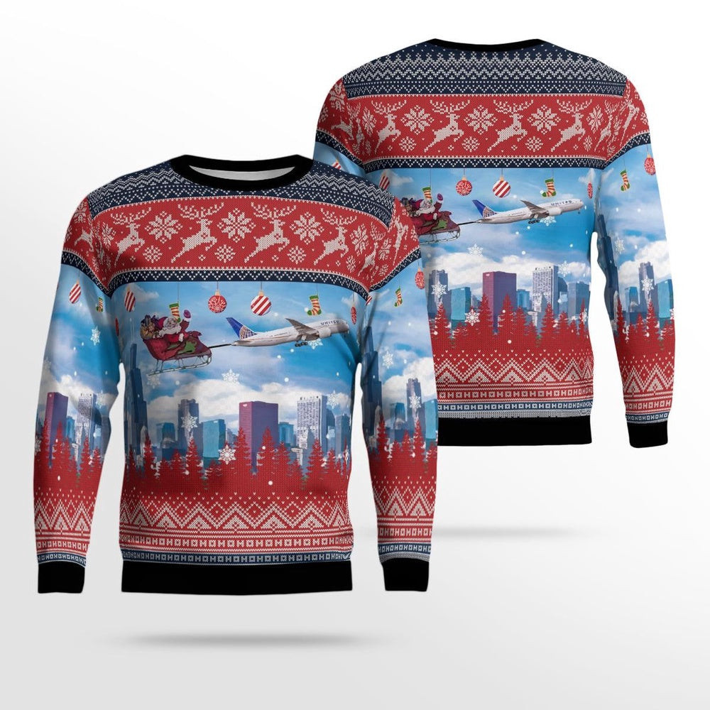 United Airlines Boeing 787 Dreamliner Santa Over Chicago Christmas AOP Ugly Sweater Gift For Christmas