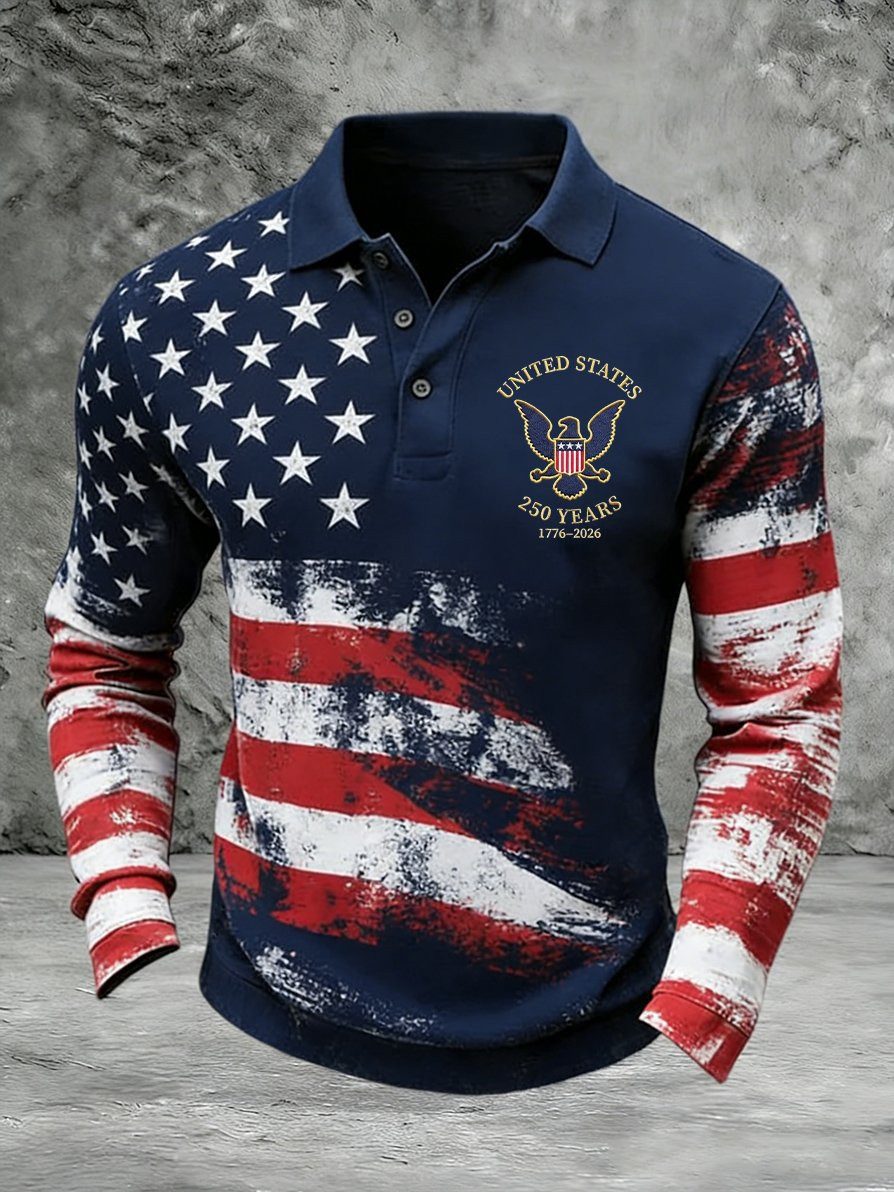 United States 250 Years Anniversary Polo Long Sleeve Shirt American Flag 1776 2026 Merch
