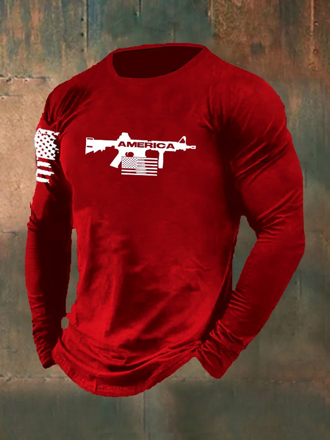 United States Veteran Men's Long Sleeve Shirt American Gun USA Flag Veteran Day's Outfit Gifts