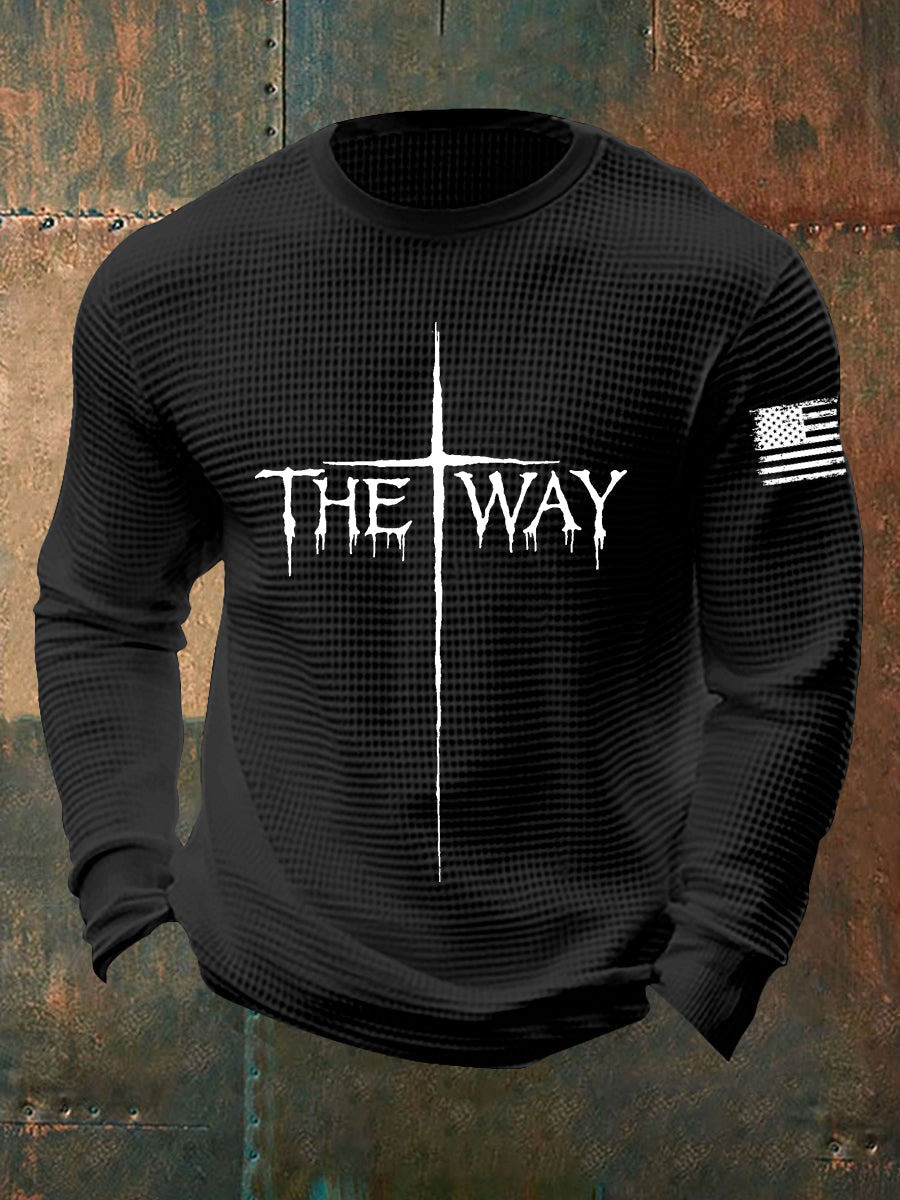 United States Veteran Waffle Long Sleeve Shirt Cross The Way USA Flag Christian Gift Ideas