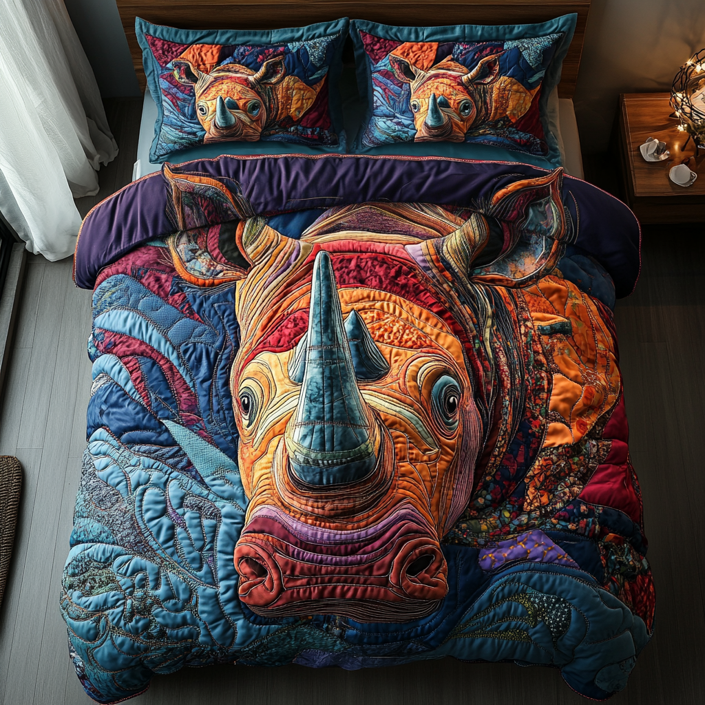 Untamed Strength Quilted Bedding Set Cozy Bedroom Decor Gifts For Rhino Lovers