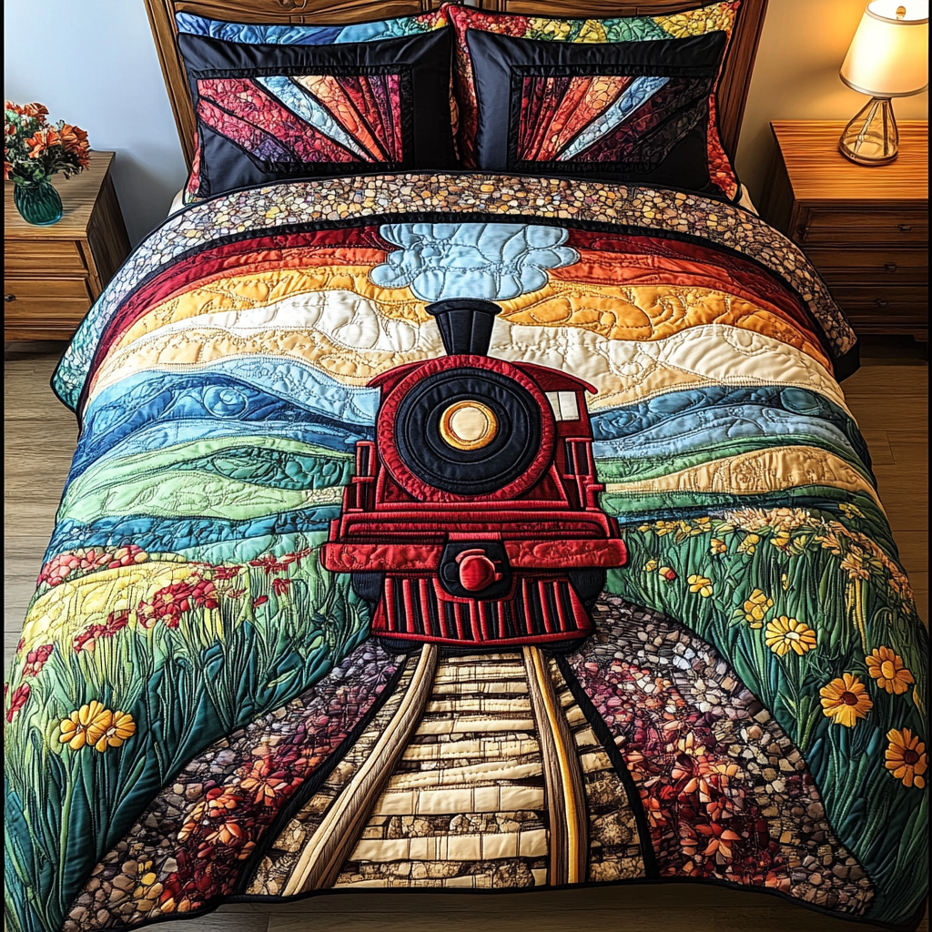Urban Train Quilted Bedding Set Aesthetic Room Decor Gifts For People Who Like Trains