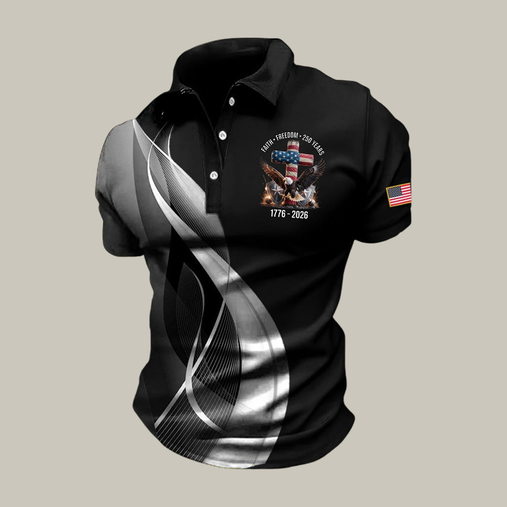 US 250 Years 1776 2026 Faith Freedom Polo Shirt 4th Of July Attire Patriotic Husband Gift Ideas