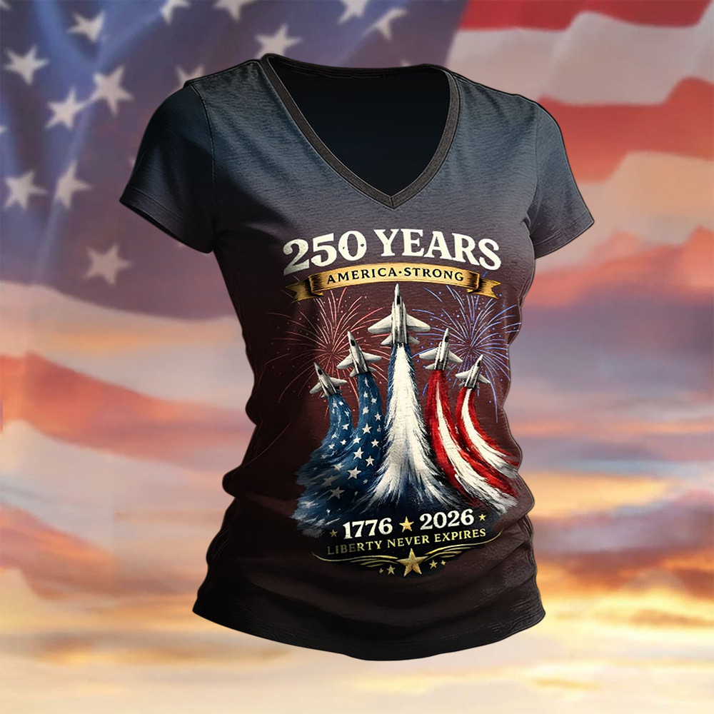 US 250 Years America Strong 1776 2026 V-Neck Shirt Independence Day 2026 Clothes 4Th Of July Gift