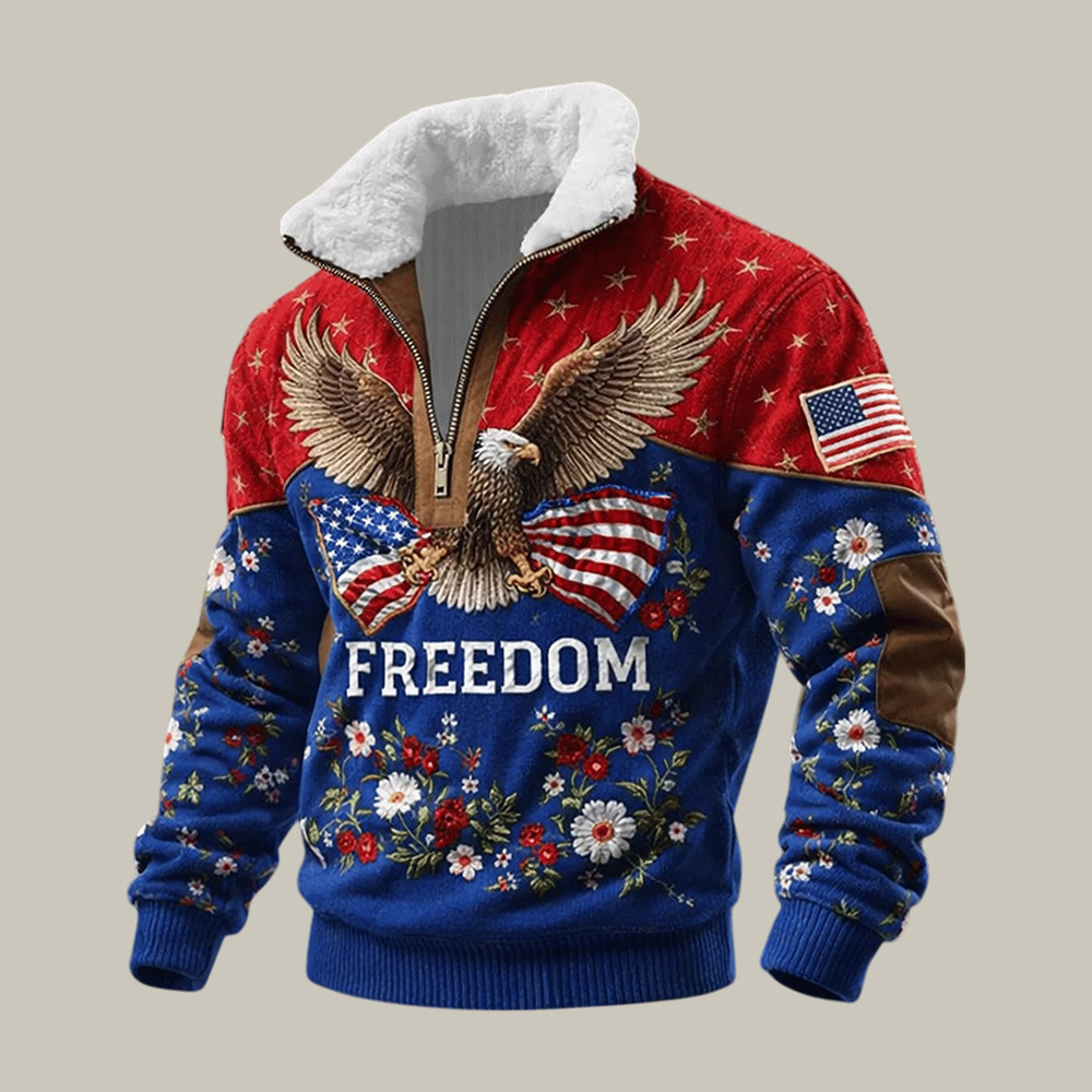 US 250 Years Freedom Floral Stand Up Collar Sweater Patriotic Eagle Apparel America's Birthday Gift