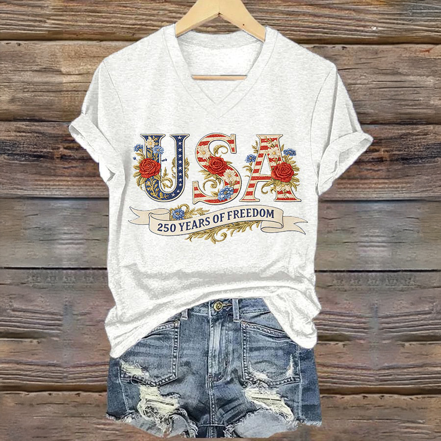 US 250 Years Of Freedom 1776 2026 V-Neck Shirt America's Birthday Clothes Present For Wife