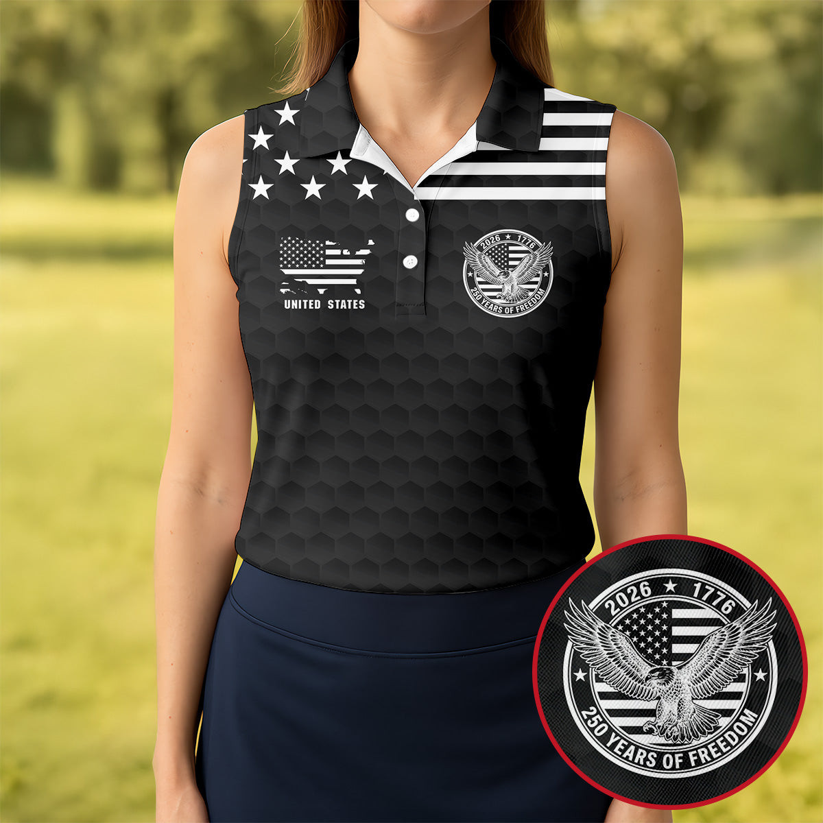 US 250 Years Of Freedom Sleeveless Polo Shirt Patriotic Apparel Gifts For Female Golfers