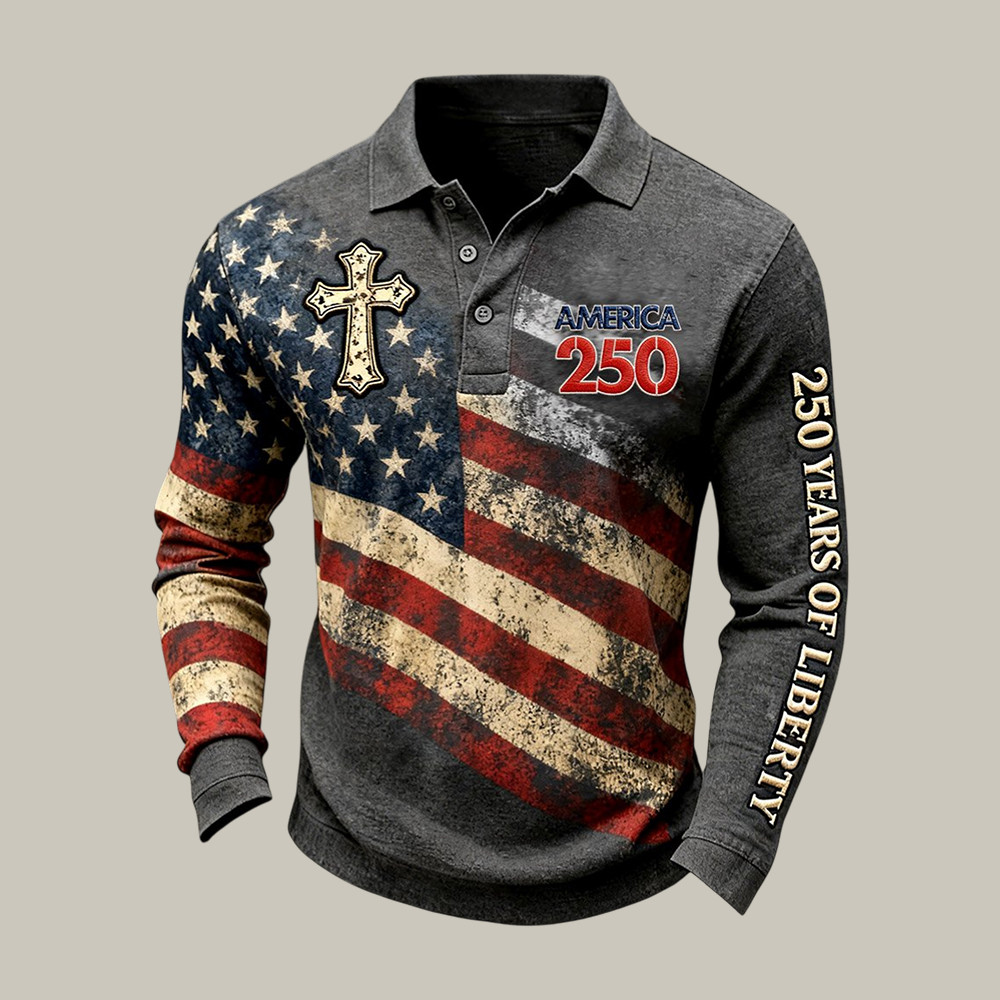US 250 Years Of Liberty Polo Long Sleeve Shirt July 4 Outfits Gift For Patriotic Men