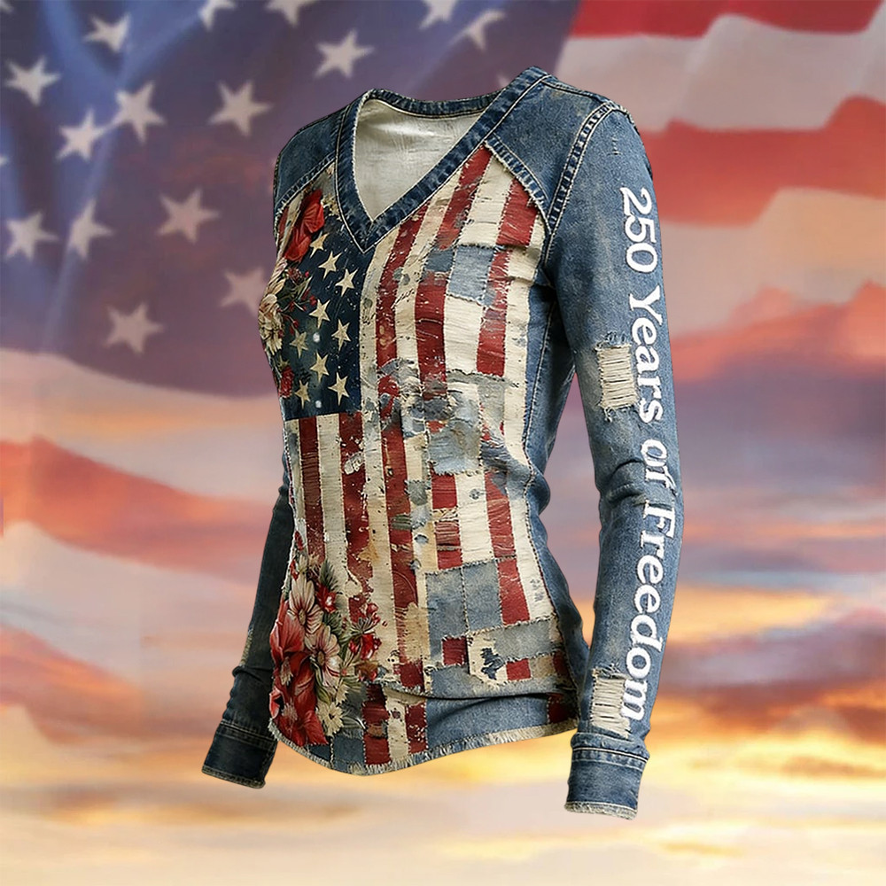 US 250Th Anniverasry 1776 2026 V-Neck Long Sleeve Shirt Independence Day 2026 Apparel