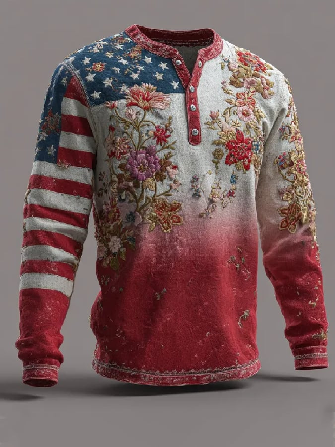 US 250th Anniversary 1776 2026 Button Long Sleeve Shirt Flower Design Freedom Clothing Gifts
