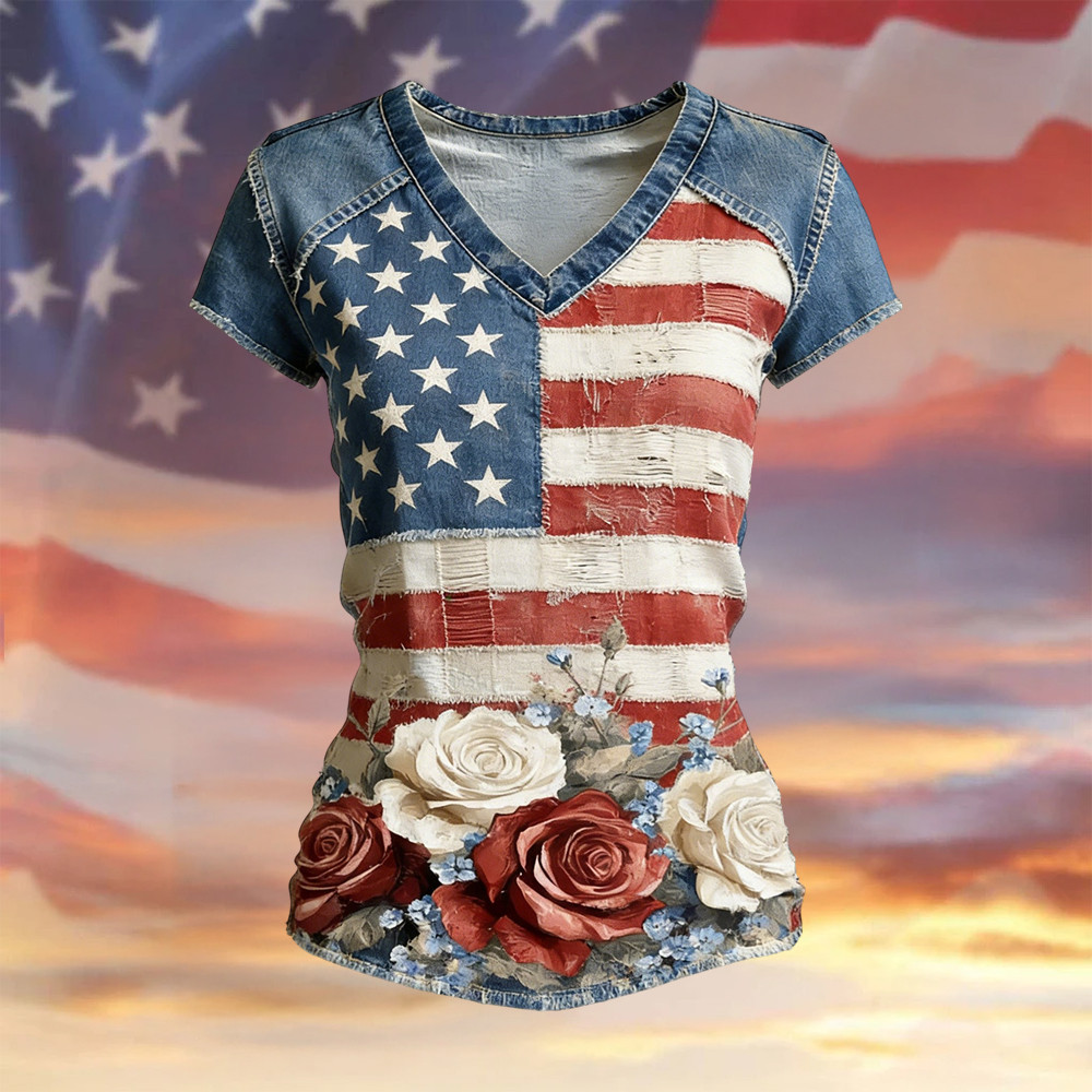 US 250Th Anniversary 1776 2026 Floral V-Neck Shirt Independence Day 2026 Clothes Patriotic Gift