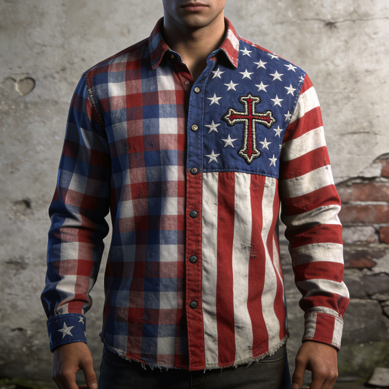 US 250Th Anniversary Faith Cross Button Up Long Sleeve Shirt Semiquincentennial Merch 4th Of July Gift