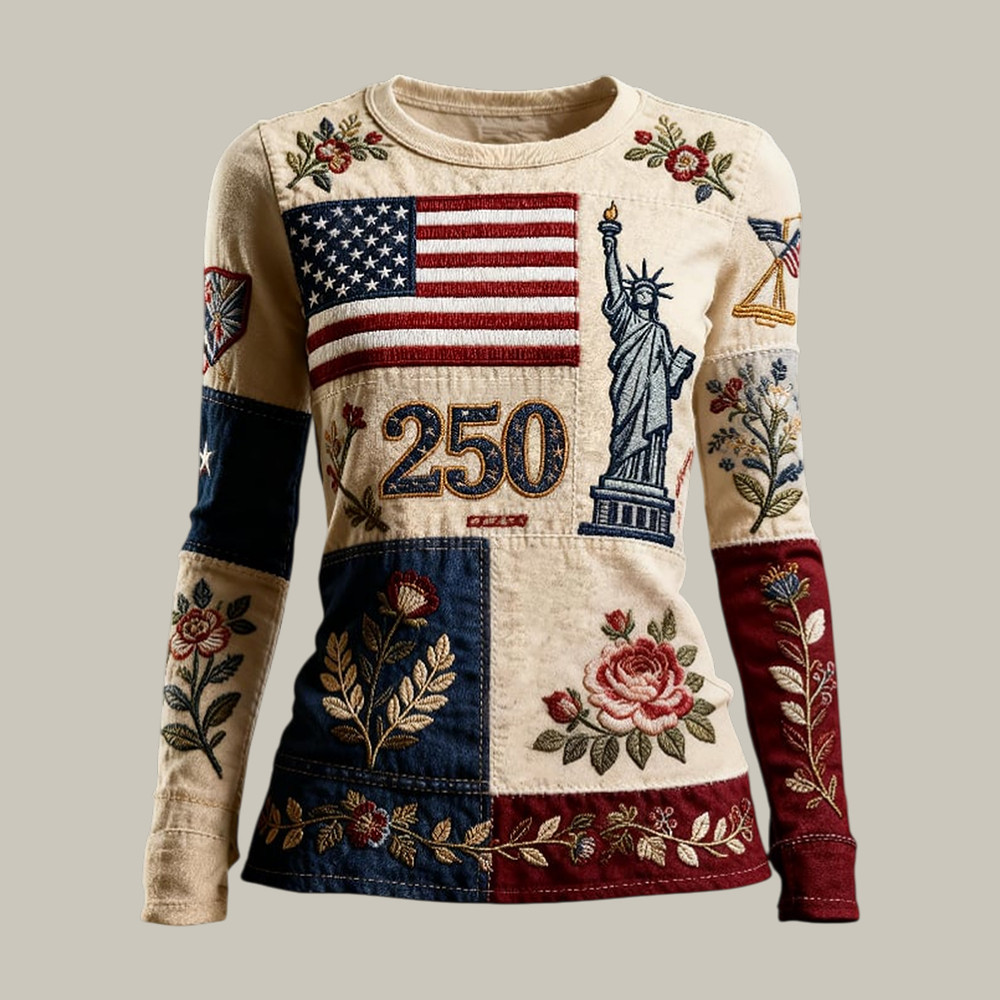US 250th Anniversary Floral Long Sleeve Shirt Statue Of Liberty Apparel Patriotic Gift For Wife