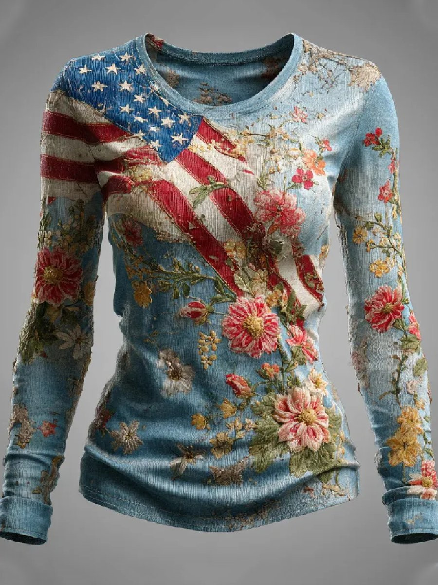 US 250th Anniversary National Flag And Floral Long Sleeve Shirt Patriotic Merch Gifts For Mother