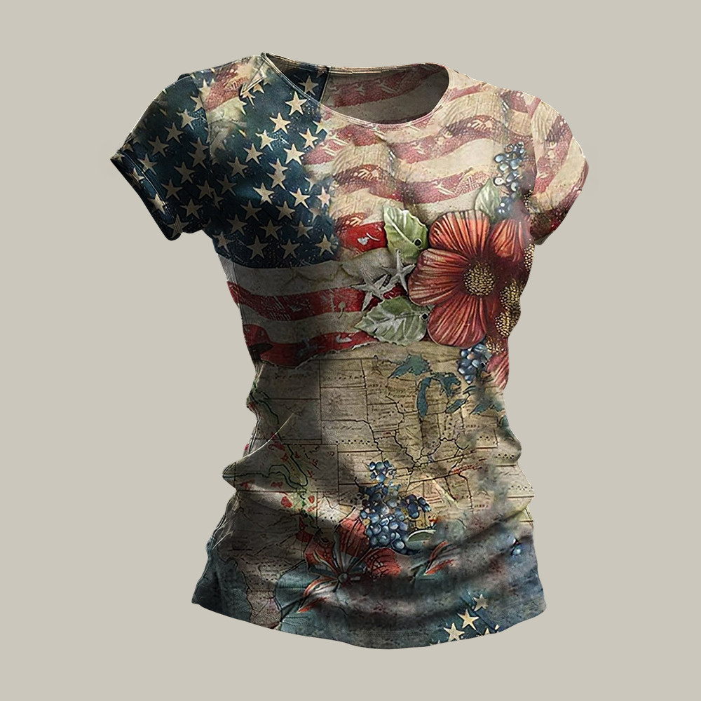 US 250th Anniversary National Flag And Floral T-Shirt America's Birthday Clothes Patriotic Wife Gift
