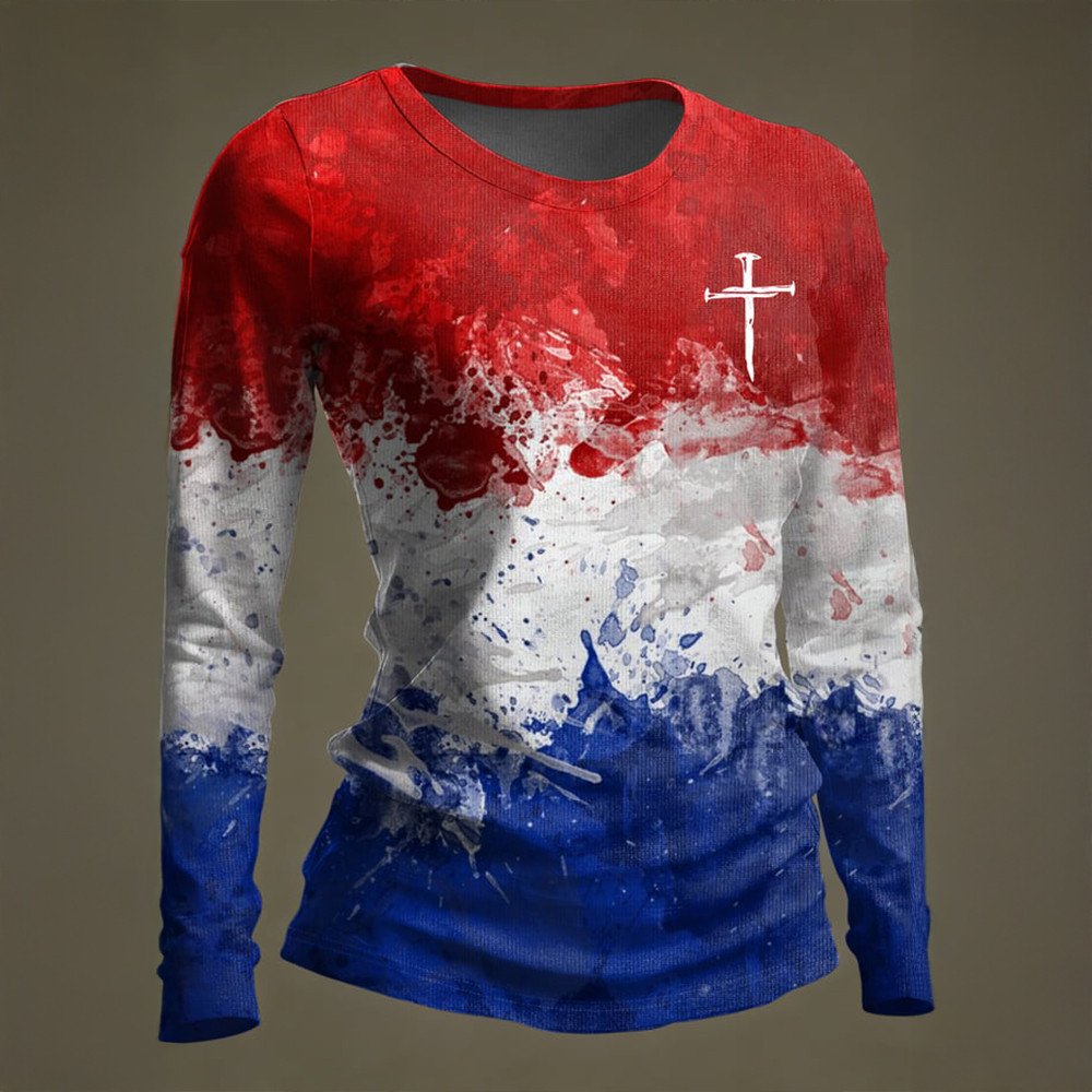 US 250th Anniversary Reb Blue White Faith Cross Long Sleeev Shirt America_s Birthday Apparel