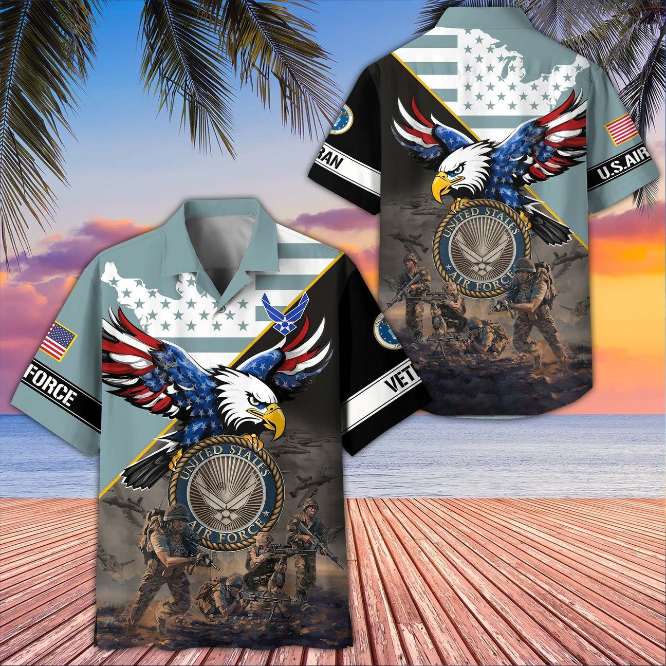 US Air Force American Eagle Map Soldiers Battle Scene Hawaiian Shirt Military Gift for Army Mens on Veterans Day