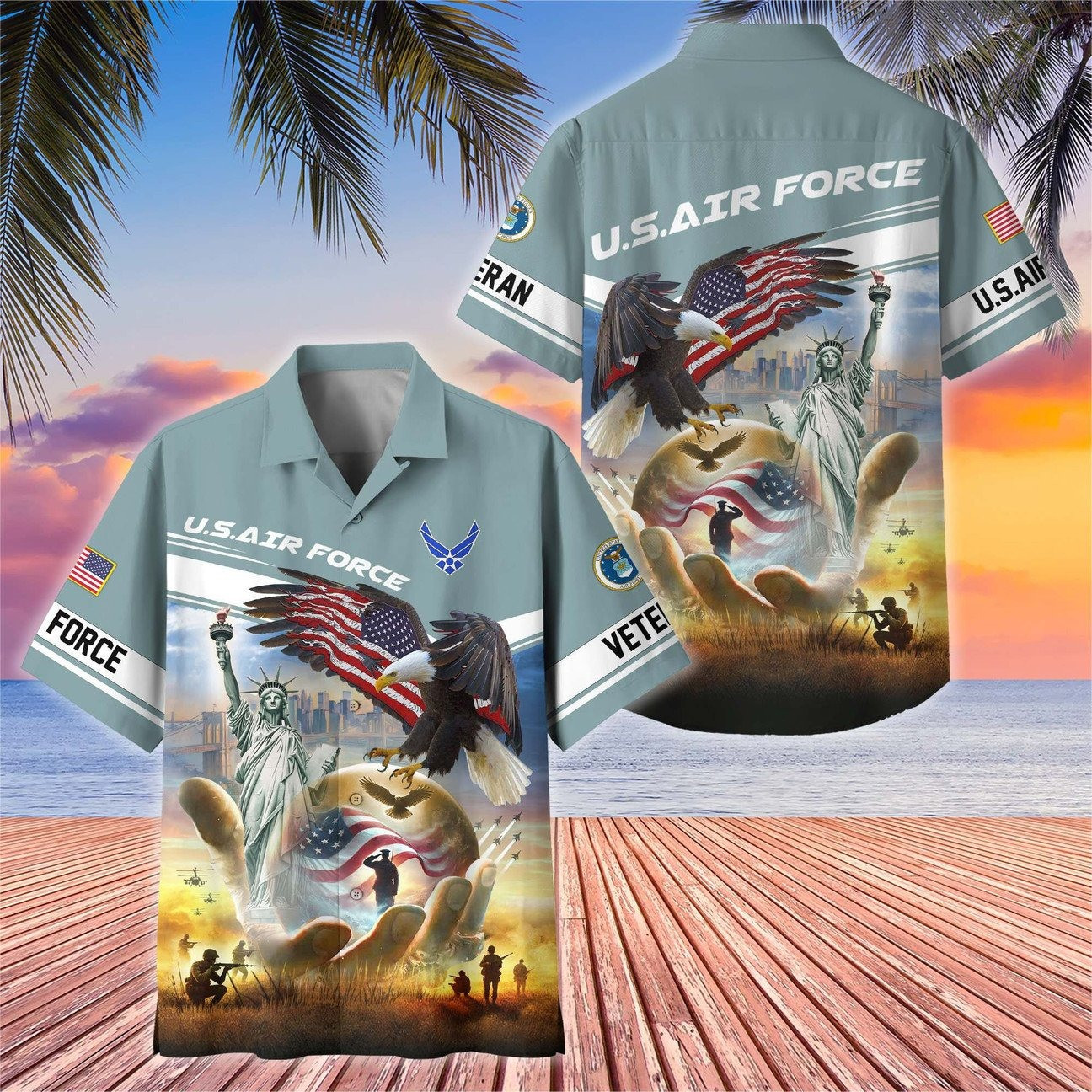 US Air Force Hawaiian American Eagle Liberty Statue Flag Shirt Patriotic Military Gift for Mens on Veterans Day