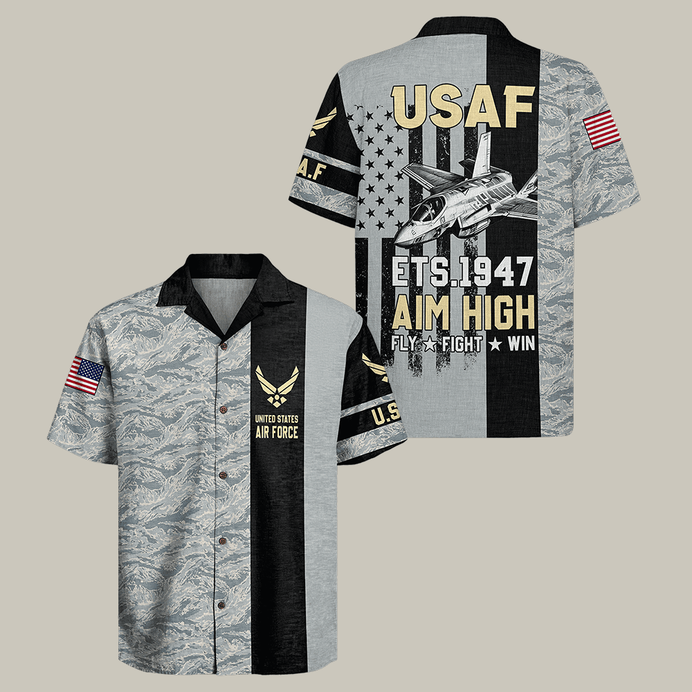 US Air Force Hawaiian Shirt Aim High Fly Fight Win Shirt USAF Veteran Gift