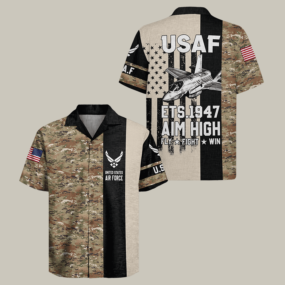 US Air Force Hawaiian Shirt Aim High Fly Fight Win USAF Clothes Gift For Patriots