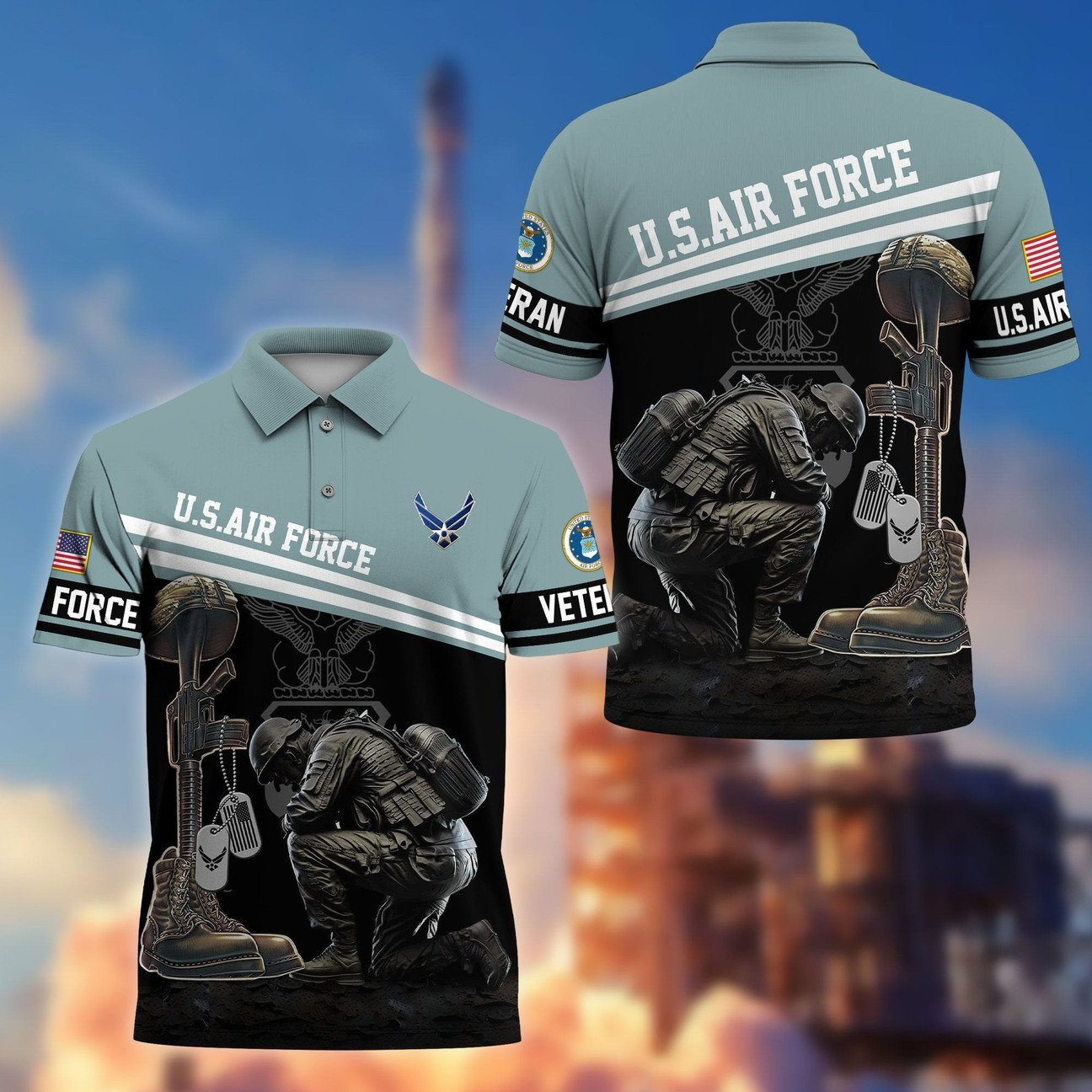 US Air Force Kneeling Soldier US Army Polo Shirt - Honor Veterans on Memorial Veterans Day