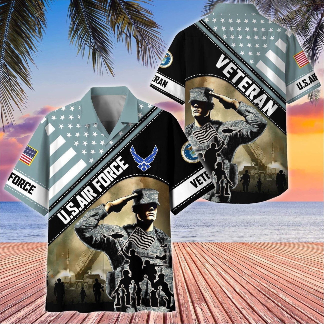US Air Force Soldier Salute Flag Military Tank Patriotic Hawaiian Shirt Gift for Army Mens on Veterans Day